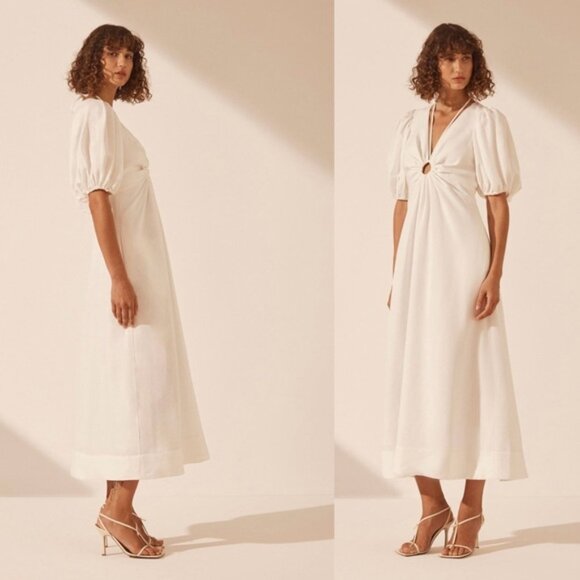 SINCERELY JULES WHITE SHORT SLEEVE RUCHED KEYHOLE MIDI DRESS Sz M NWT PRARIE - Picture 2 of 13